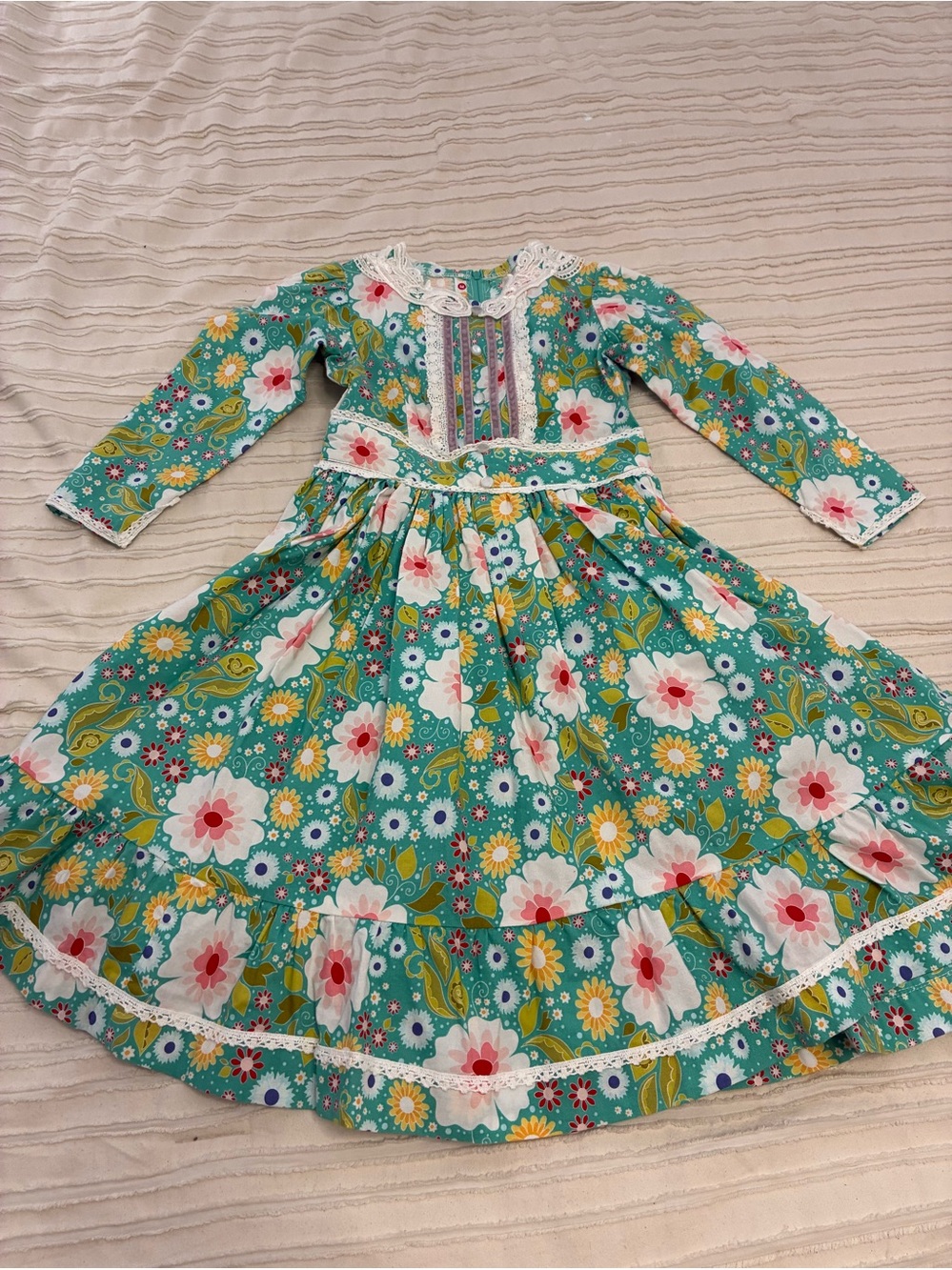 Handmade Girls Floral Teal Long Sleeve Dress. Amazing detail. Tulle under.